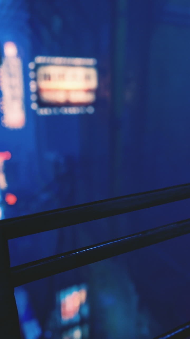 Neon lights illuminate a bustling urban alley at night in a futuristic city