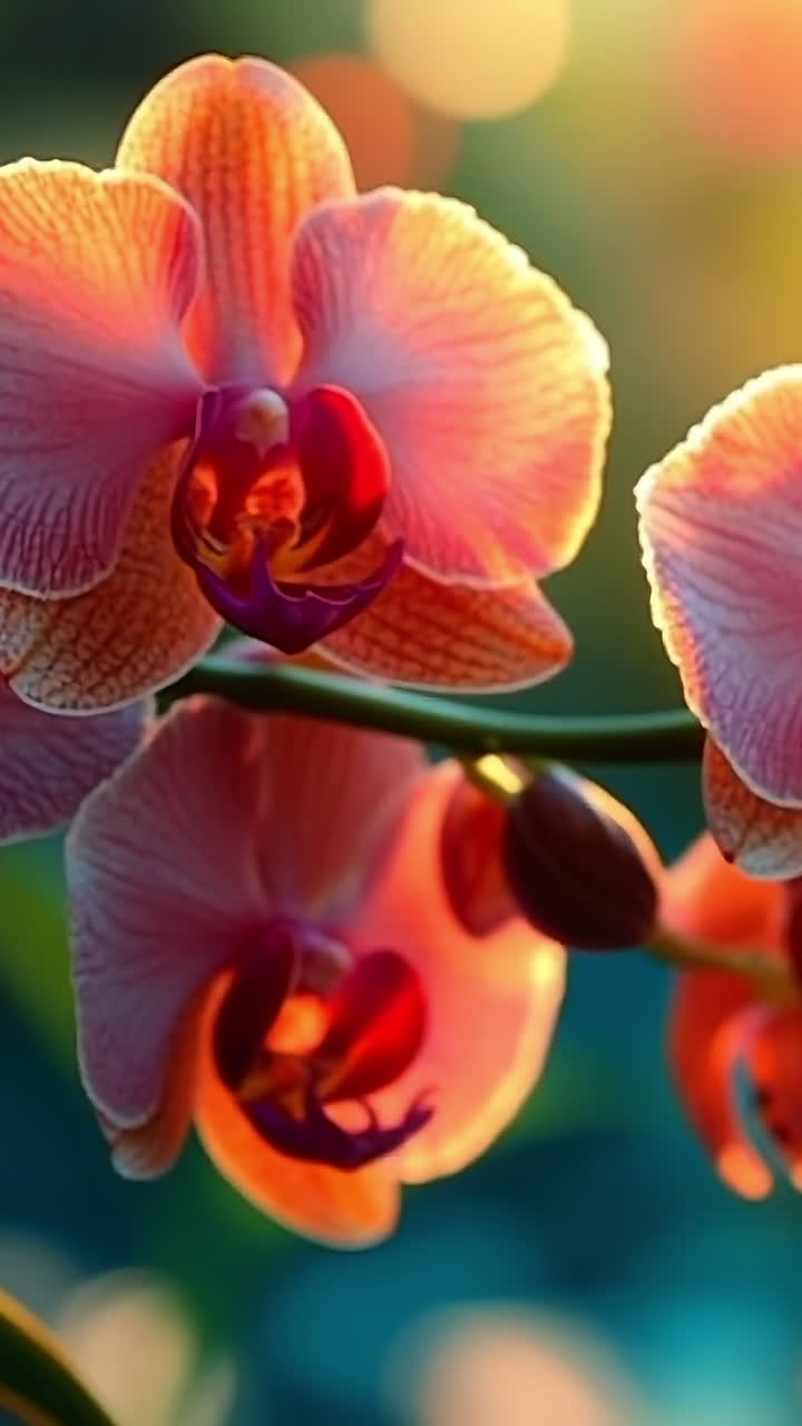 Beautiful orchids bloom at sunset. Orchids bloom in vibrant colors against a sunset, highlighting their delicate petals and beauty.