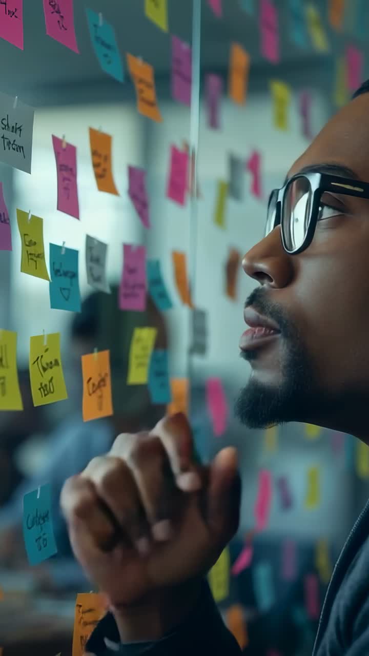 Vertical video: Leaning man in hoodie and glasses prioritizing notes on glass in office, copy space