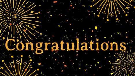 animation of congratulations text over confetti and fireworks on black background