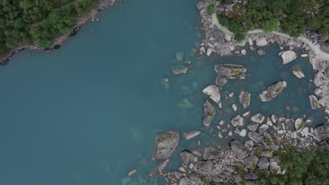 aerial view of a mountain lake with rocky shore