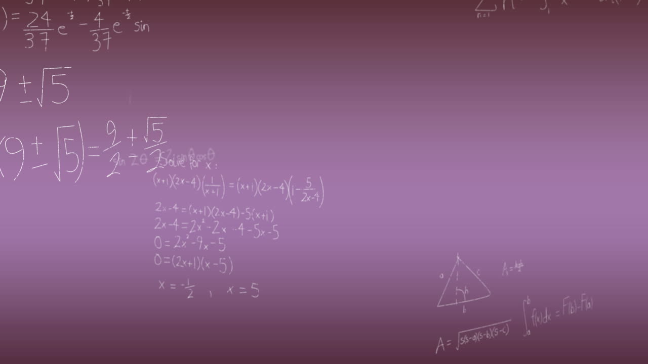 Animation of mathematical equations and formulas floating against purple gradient background