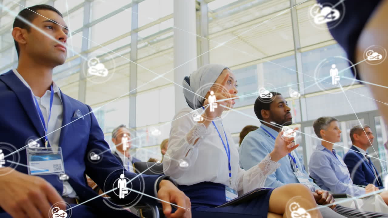 Animation of network of digital icons against woman in hijab talking at business conference