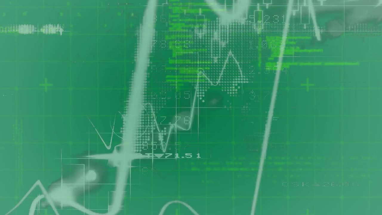 이진 코드와 함께 초록색 배경에 있는 육각형과 금융 그래프의 애니메이션