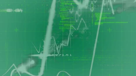animation of hexagon and financial graph over green background with binary code