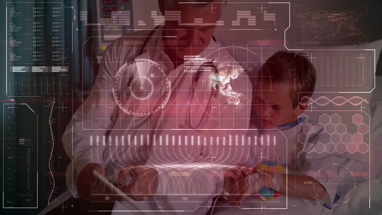 Clinico che scorre un tablet dopo che un bambino ha toccato un giocattolo, mostrando un globo HUD e barre per la diagnosi pediatrica.
