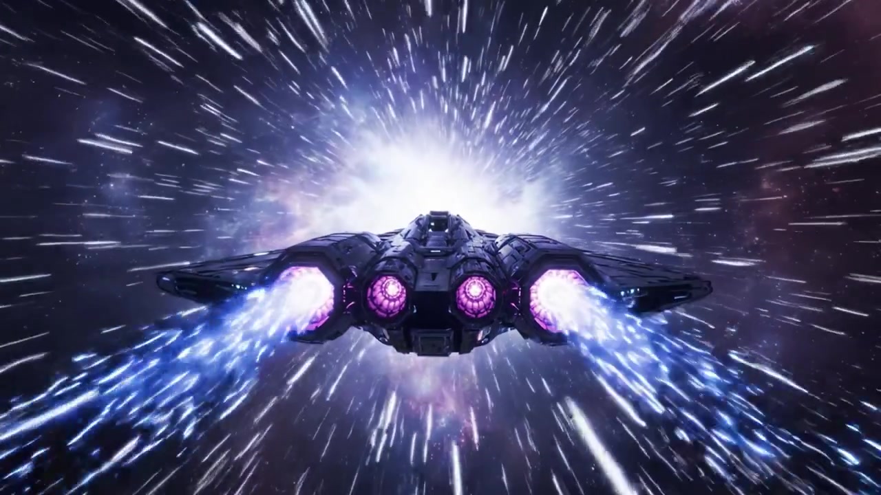 Un viaggio stellare: un'astronave futuristica che naviga attraverso i venti cosmici di una nebulosa a spirale, circondata da luce ed energia vibranti in uno spazio infinito.