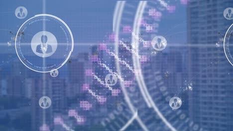 Animation-Des-Scope-Scannens-Und-Des-DNA-Strangs-über-Dem-Stadtbild