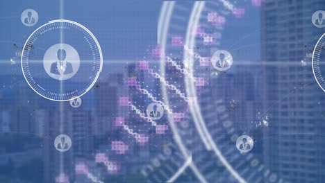 도시 풍경 위의 스 ⁇  스캐닝과 dna 스트랜드의 애니메이션