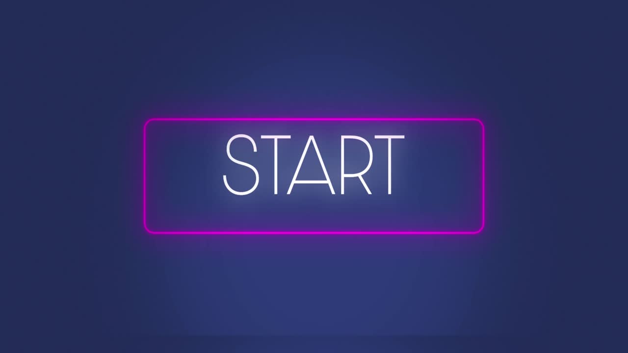 Animation of start text over neon purple banner against blue background