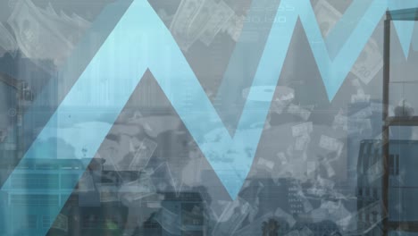 animation of financial data processing and american dollar bills falling against view of cityscape