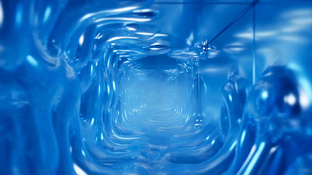 Un corridoio blu simmetrico si dispiega in un tunnel liquido lucido, con pannelli riflettenti che si ammorbidiscono in increspature lisce, creste arrotondate e profondità luminosa per un movimento astratto elegante verso un punto di fuga centrale.