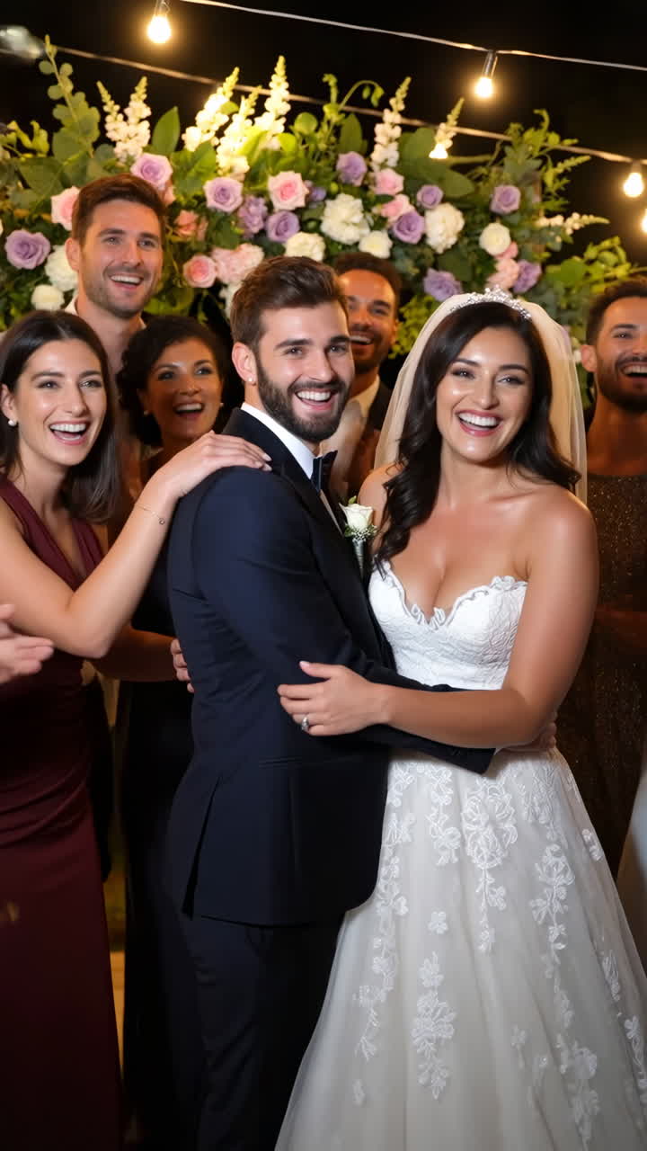 Joyful Bride and Groom Celebrate with Guests at a Wedding Reception