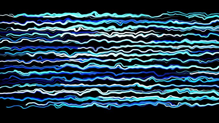 Sfondo astratto creativo in loop con linee arricciate come scie blu sulla superficie. Le linee formano un motivo vorticoso simile a un rumore arricciato. Animazione 3D fluida e in loop come sfondo creativo e festivo luminoso.