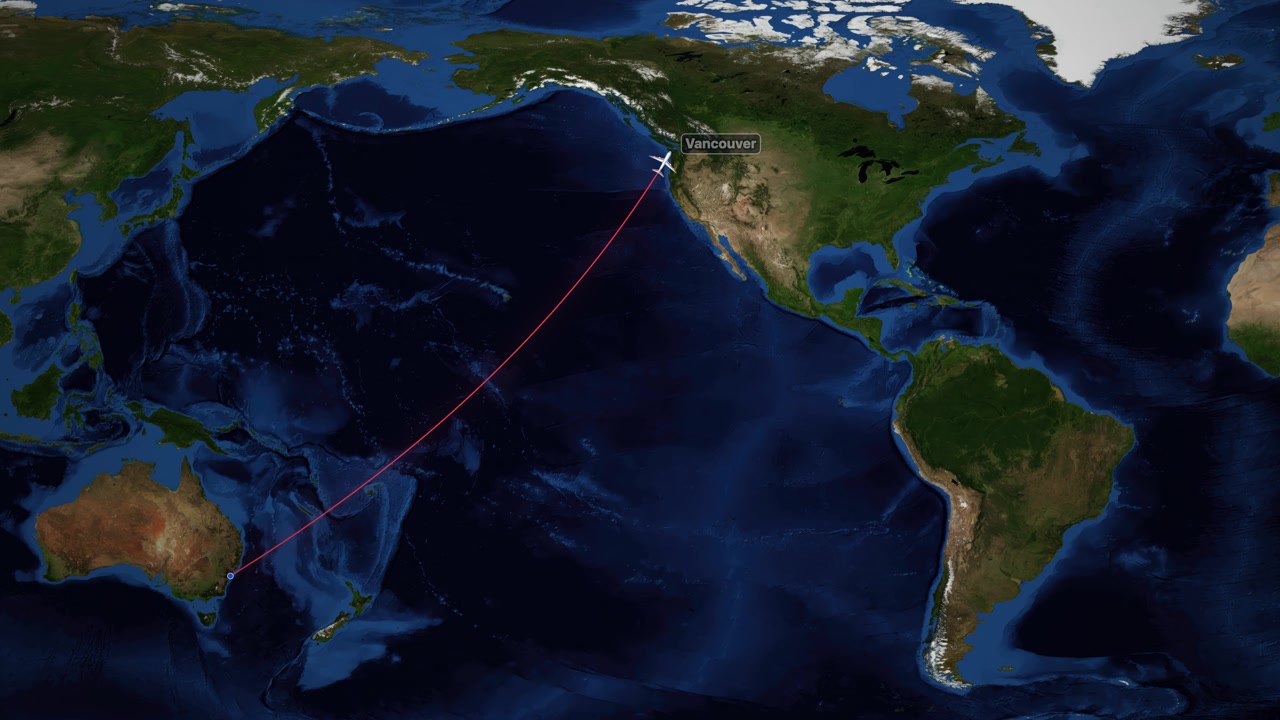 Airplane icon travels across Pacific Ocean on satellite world map from Sydney to Vancouver