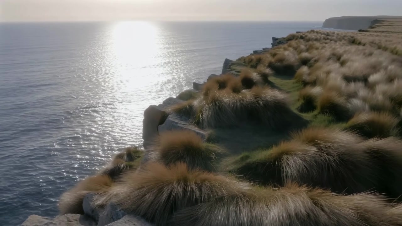 Scogliera costiera illuminata dal sole con erba a ciuffi, mare calmo che riflette il sole del tardo pomeriggio, e un promontorio spazzato dal vento che si estende.