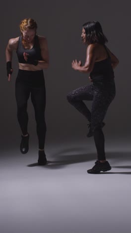 Vertical-Video-Studio-Shot-Of-Two-Mature-Women-Wearing-Gym-Fitness-Clothing-Doing-Cardio-Exercise-Running-On-The-Spot-Together