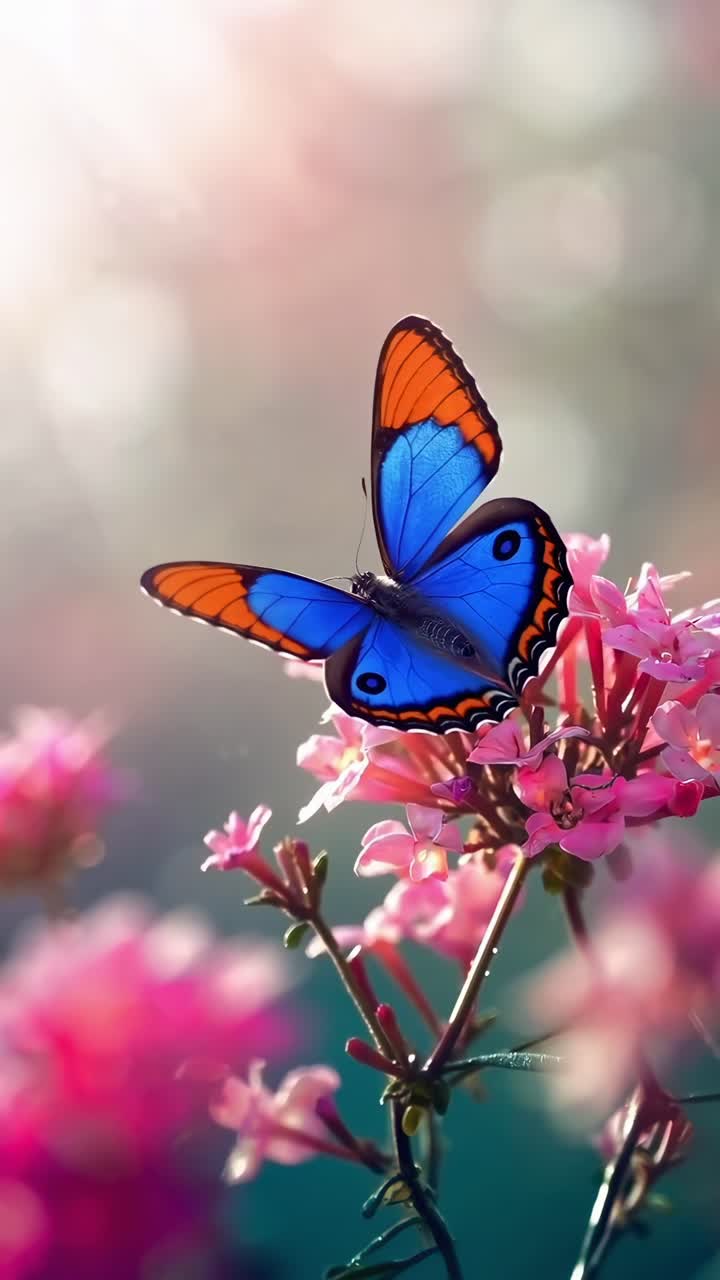 Video ravvicinato di una farfalla vivace su fiori rosa, ripreso da un'angolazione laterale.