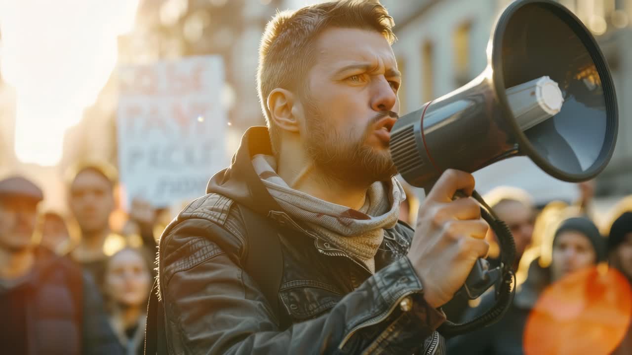Una scena video dinamica di protesta di strada, ripresa all'altezza degli occhi, con un oratore appassionato.