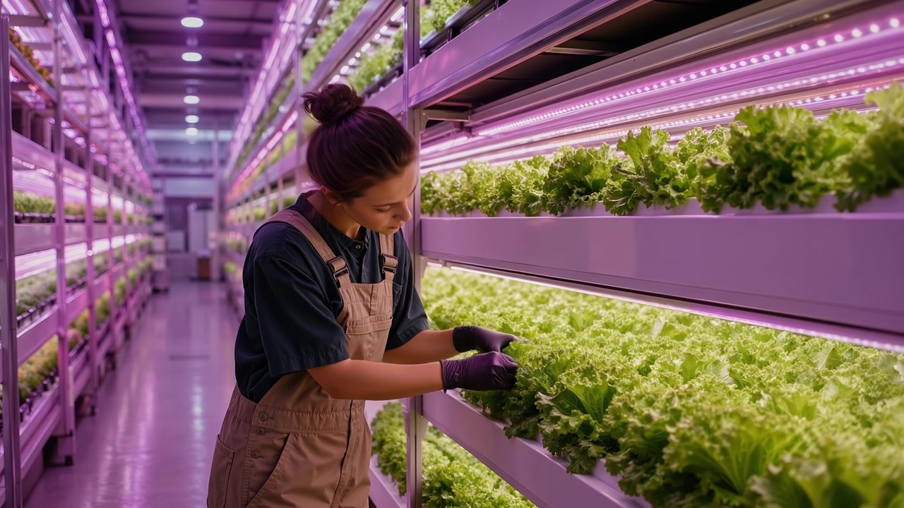 Giovane donna che ispeziona verdure a foglia verde in una moderna fattoria idroponica verticale al coperto.