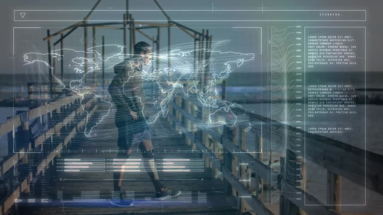 해변에서  ⁇ 고 있는 건강한 남자에 대한 데이터 처리 애니메이션