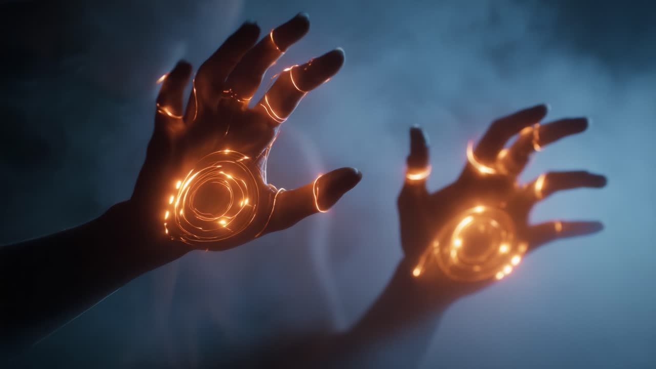 A mesmerizing visual of illuminated hands showcasing intricate patterns of glowing light against a misty backdrop, highlighting the ethereal and otherworldly beauty of this captivating scene