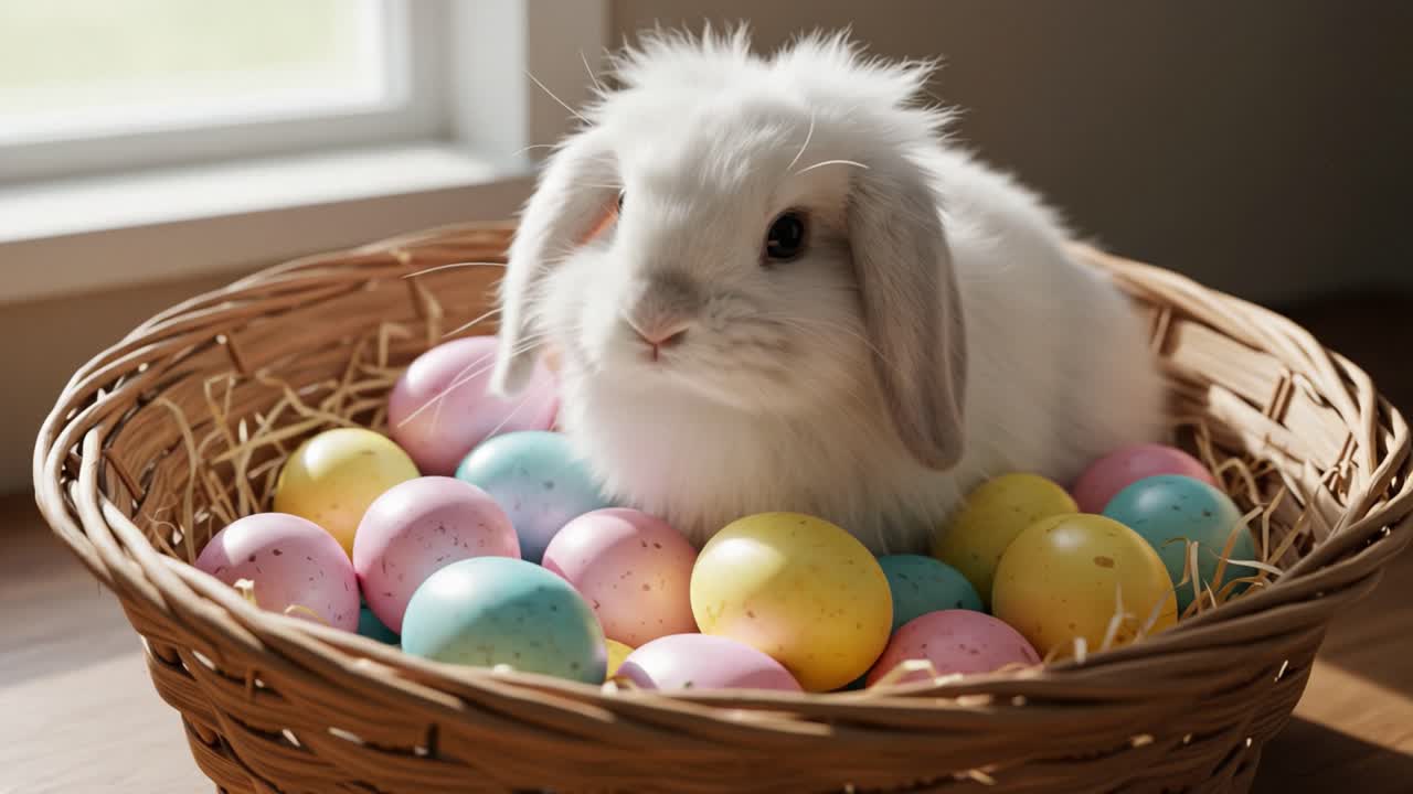 Um coelho branco fofo aninhado entre ovos de Páscoa coloridos em uma cesta, perfeito para celebrar a alegria da primavera e as tradições festivas com a família e os amigos