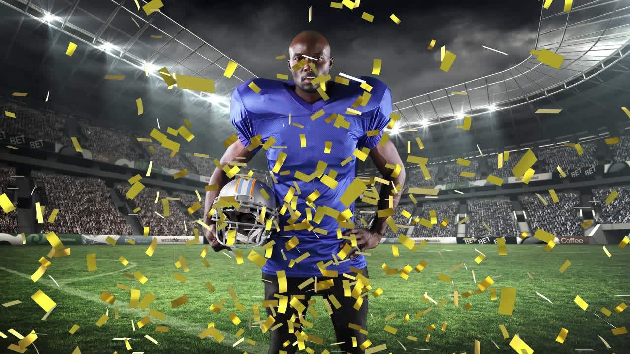 남성 럭비 선수 위에 떨어지는 콘페티