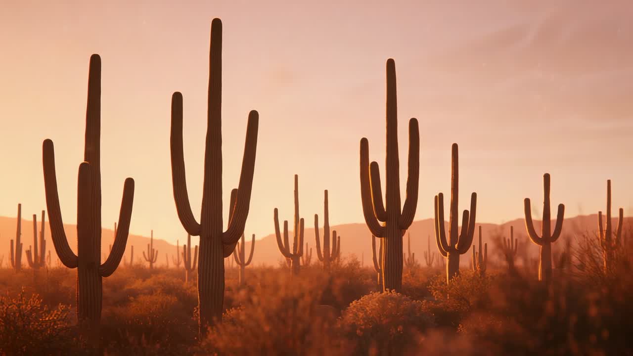 Panning camera capturing saguaro shifting across desert at sunset, revealing shrubs and mountains