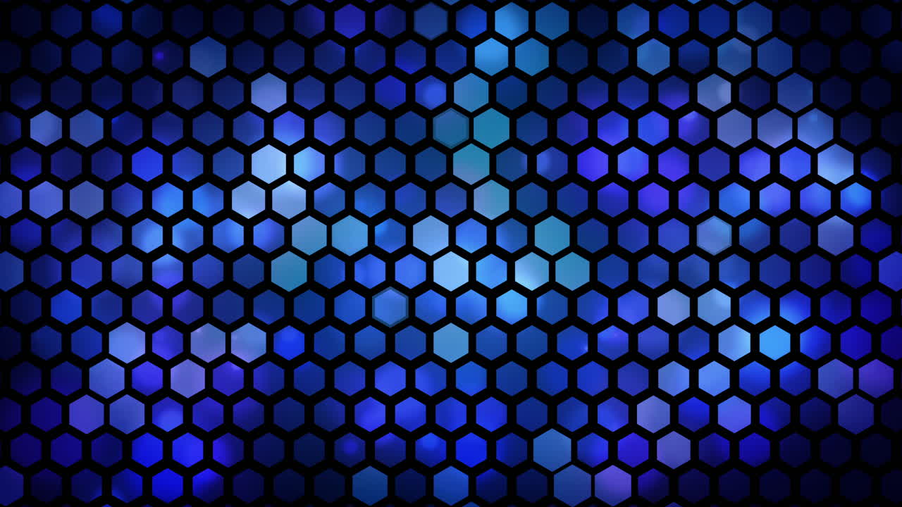 Abstract blue bright energy flashes under a hexagon in a dark hi-tech futuristic modern background. Looped motion graphic.
