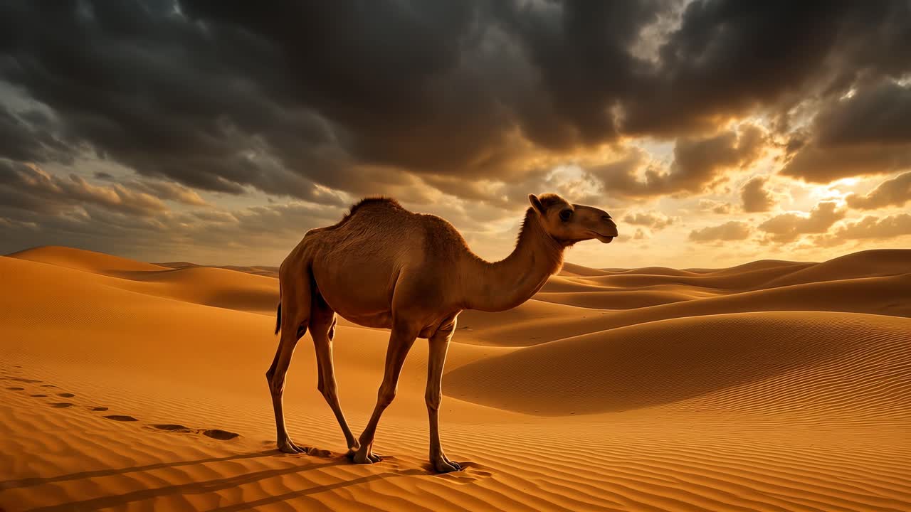 A camel walks across sunlit dunes under dramatic clouds. Captured from a low angle, this scene