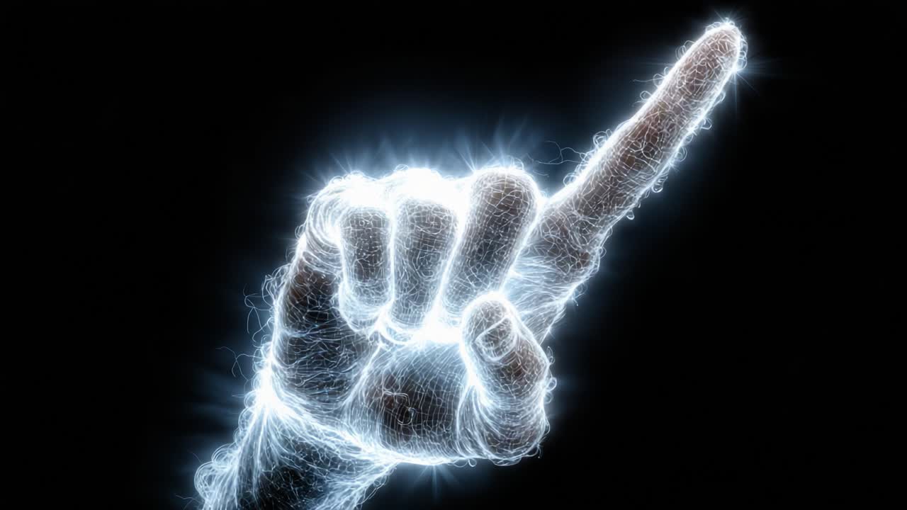 Un'immagine mozzafiato di un gesto della mano elettrizzante catturato in fotogrammi dinamici, che simboleggia comunicazione, direzione o enfasi con un sorprendente effetto luce