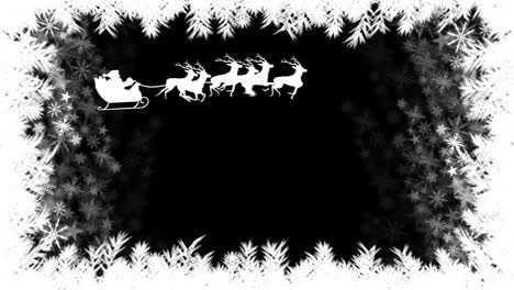 santa in sleigh with reindeer flying with snowflake border