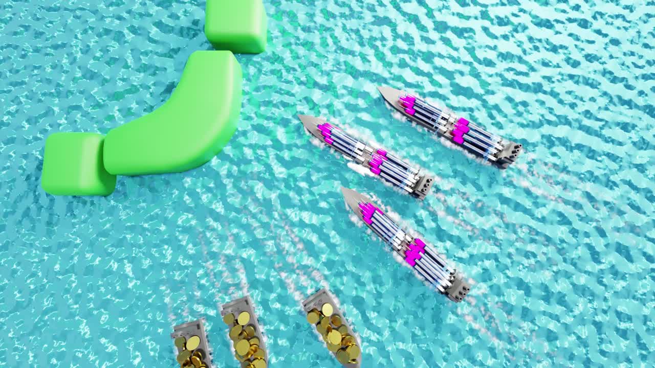 많은 양의 백신이 배로 운반되고 돈이 나가는 것을 보여주는 애니메이션 비디오