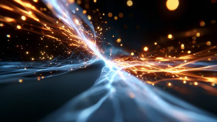 En fascinerende fremvisning av dynamisk lys og energi, som illustrerer det fortryllende samspillet mellom livlige blå og oransje gnister, og skaper en fantastisk visuell effekt av bevegelse og dybde i en kosmisk scene