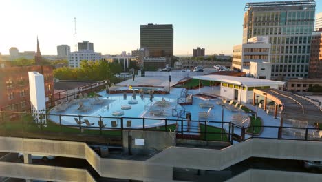 rooftop pool on inner city parking garage in usa