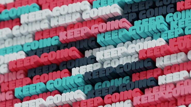 3D Keep Going Looped animation for background. Abstract typographic 3D lettering background. Modern bright trendy motivational word pattern in light pink and blue colors.