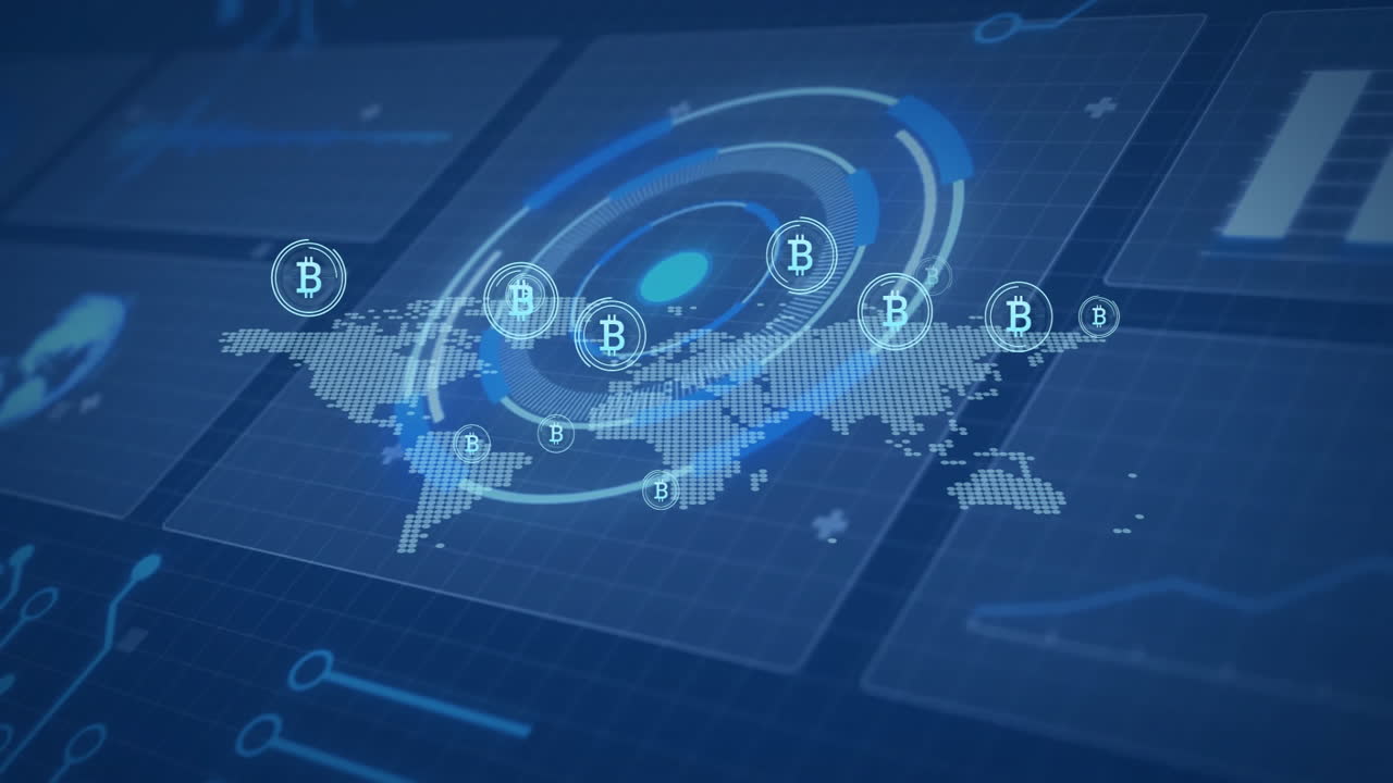Bitcoin symbols and digital world map with data processing animation