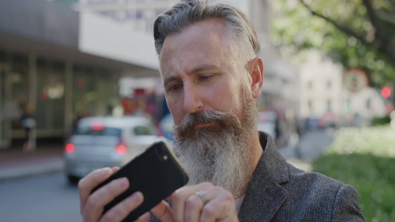 번화한 도시 거리에서 온라인으로 이동 전화로 방향을 확인하는 스마트 폰을 사용하여 길을 잃어버린 비즈니스맨의 초상화