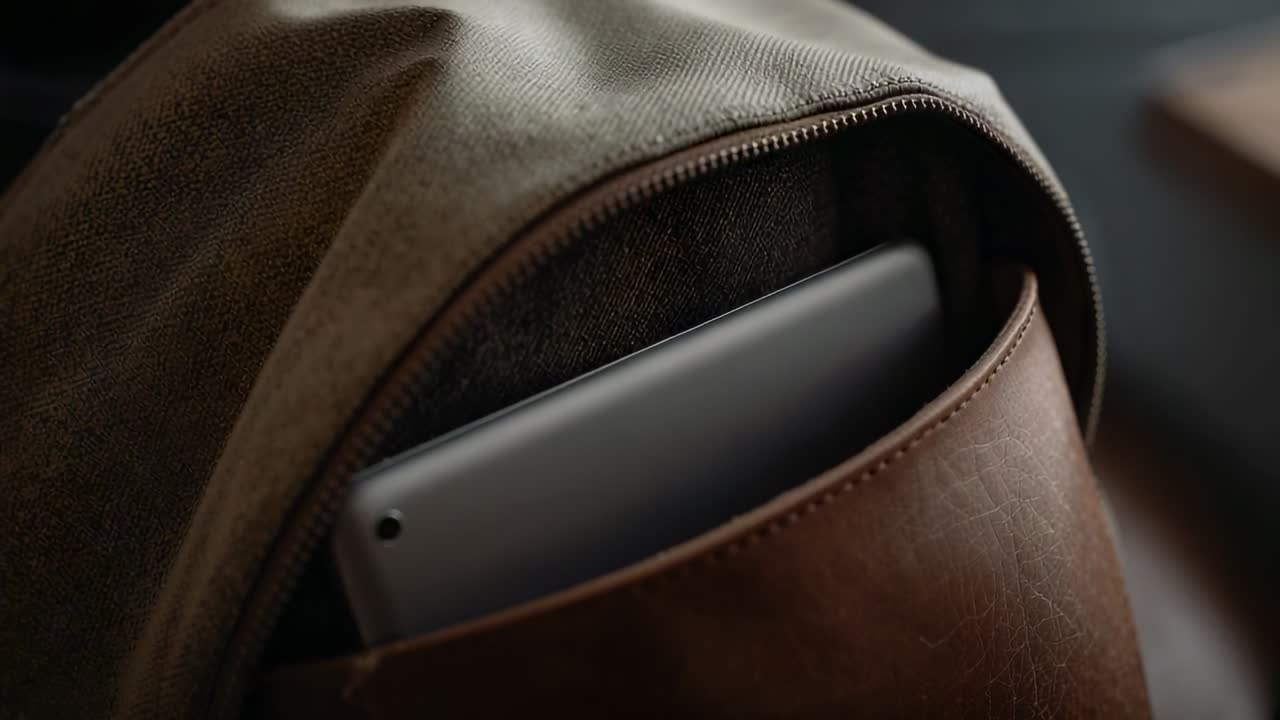 Regolazione dell'inquadratura della fotocamera che mostra la tasca frontale di uno zaino di tela su un tavolo, per rivelare un sottile tablet grigio.