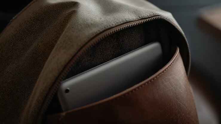 Regolazione dell'inquadratura della fotocamera che mostra la tasca frontale di uno zaino di tela su un tavolo, per rivelare un sottile tablet grigio.