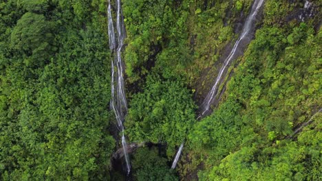 Wispy-waterfalls-descend-steep-lush-green-jungle,-Polynesian-mountain