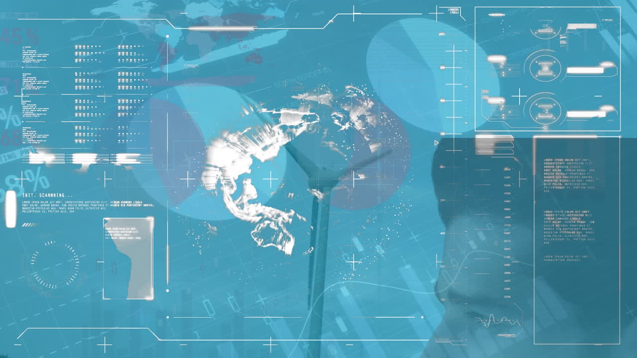 지구와 디지털 인포그래픽 인터페이스의 애니메이션, 코카시아인의 머리, 하늘에 대한 풍차