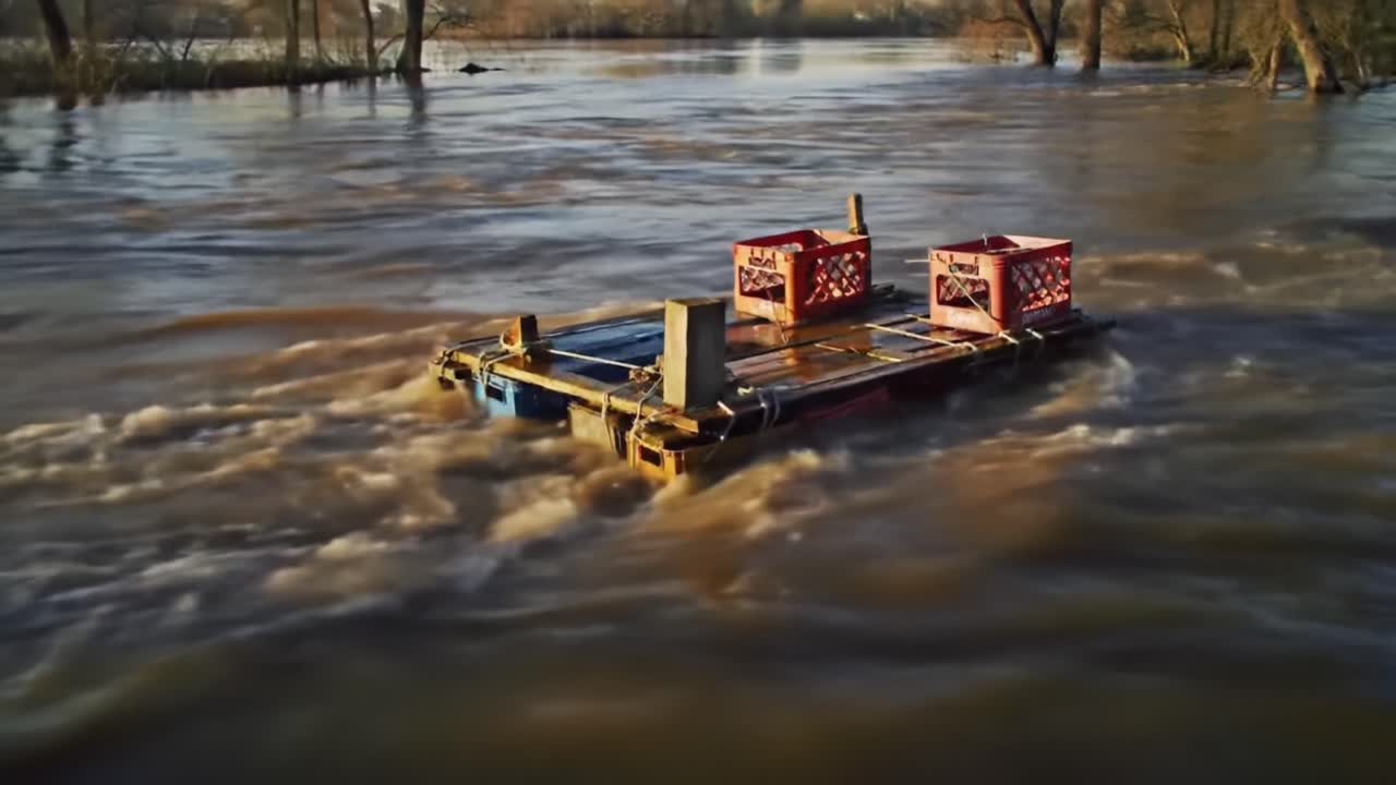 A makeshift raft carrying crates drifts on rapidly flowing waters, showcasing the power of nature and human ingenuity as it navigates the tumultuous river currents.