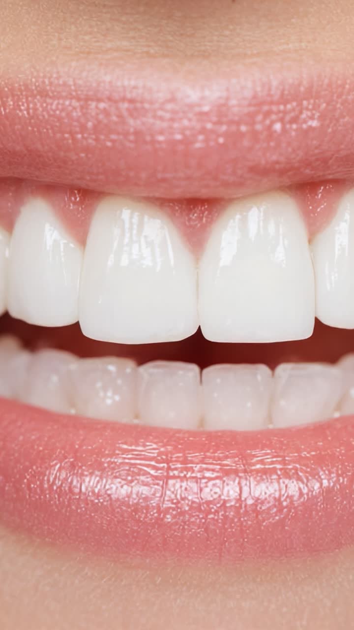 A Close-Up View of a Healthy Smile Showcasing Bright, White Teeth and Soft Pink Lips with a Glossy Finish, Ideal for Highlighting Dental Care and Aesthetic Appeal