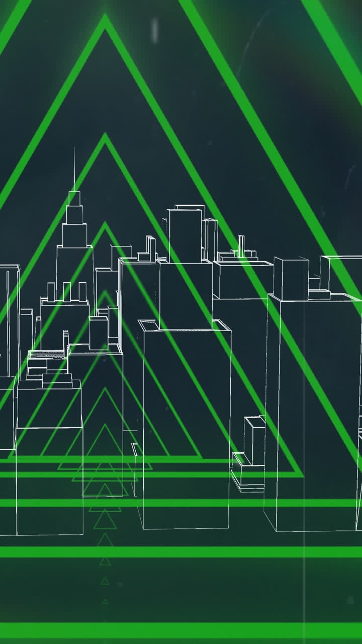 Animation of red neon geometrical shapes over 3d city model