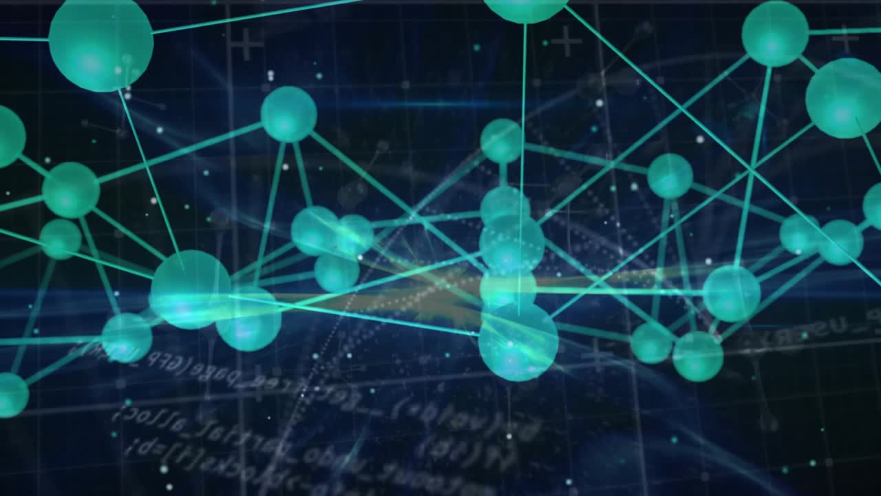 Kode ruller og falmer, hvilket får grønne kuglenetværk til at rotere og pulsere og vise dataflow