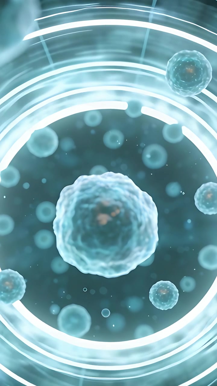 Vertical video: Pulsing rings, cyan cell swelling in lab, revealing orange core and vesicles