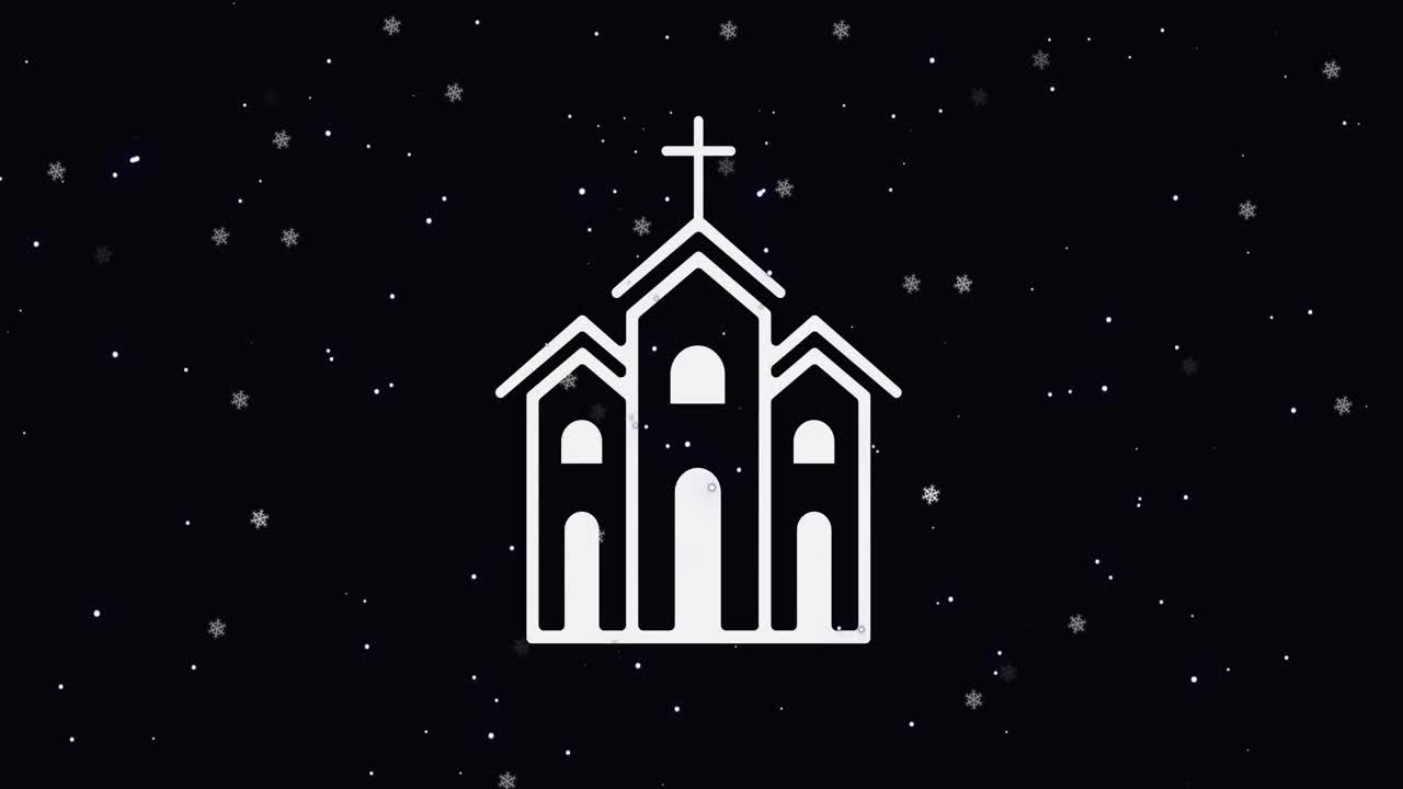 검은색 배경 에 교회 위 에 내리는 눈 의 애니메이션
