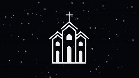 Animation-Von-Schnee,-Der-über-Die-Kirche-Fällt,-Auf-Schwarzem-Hintergrund
